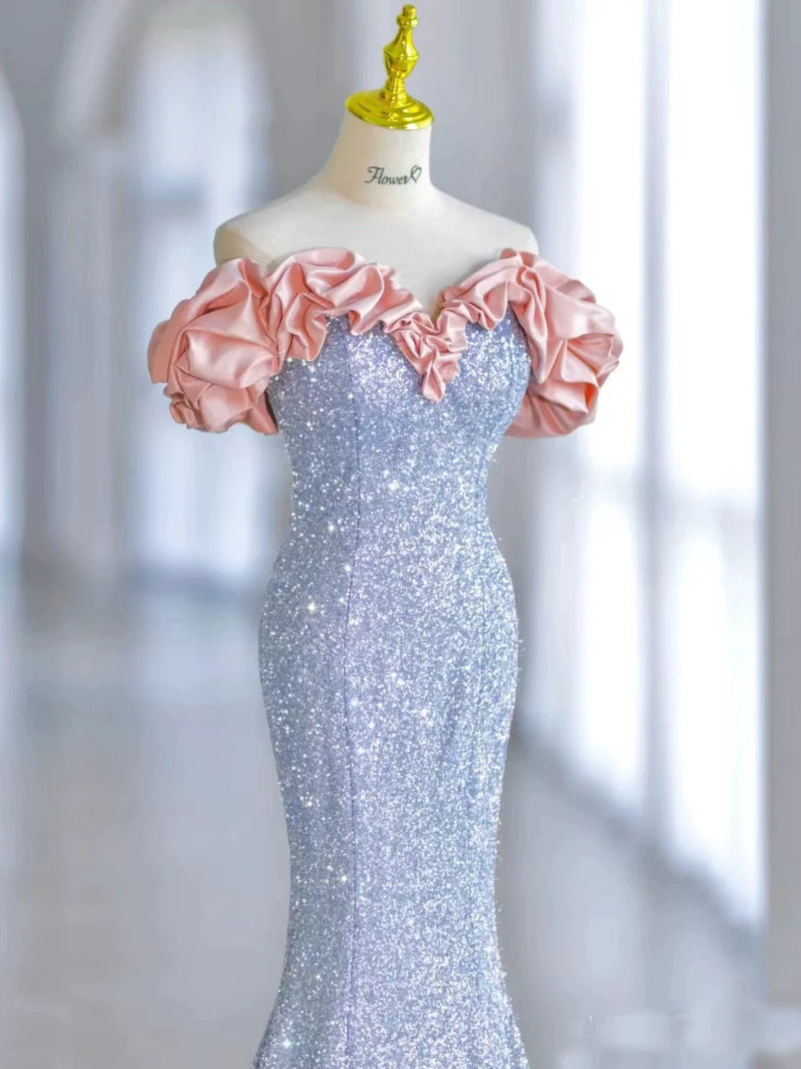 Elegant Mermaid Off The Shoulder Blue Sequins Prom Dresses Inspiration Long Party Evening Dress 19th Birthday Outfits AB2299