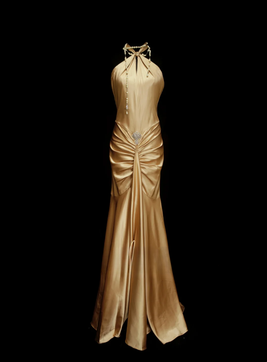 Modest Prom Dresses Aesthetic Mermaid Halter Gold Satin Inspiration Backless Style Impress Long Party Formal Gown OB037