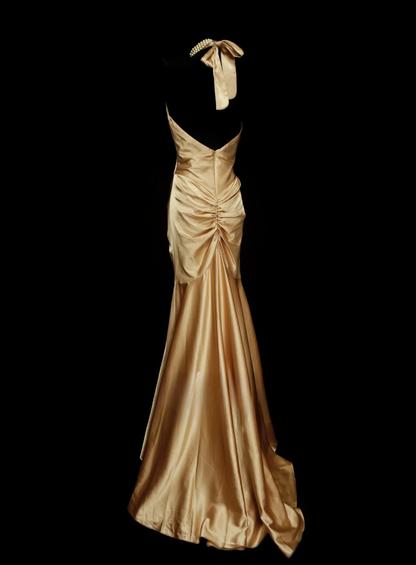 Modest Prom Dresses Aesthetic Mermaid Halter Gold Satin Inspiration Backless Style Impress Long Party Formal Gown OB037