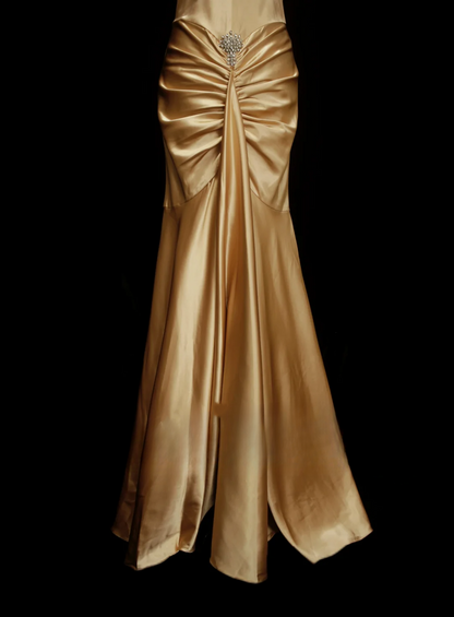 Modest Prom Dresses Aesthetic Mermaid Halter Gold Satin Inspiration Backless Style Impress Long Party Formal Gown OB037