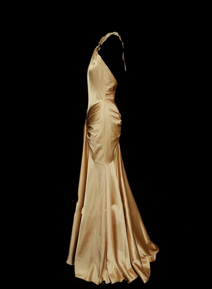 Modest Prom Dresses Aesthetic Mermaid Halter Gold Satin Inspiration Backless Style Impress Long Party Formal Gown OB037