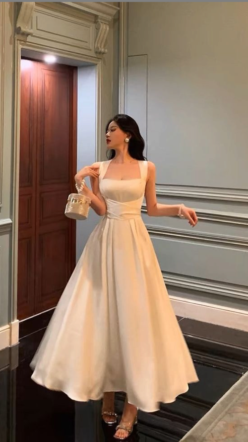 Chic A Line Square Neck White Ankle Length Chiffon With Pleated Party Women Prom Dresses AB1908