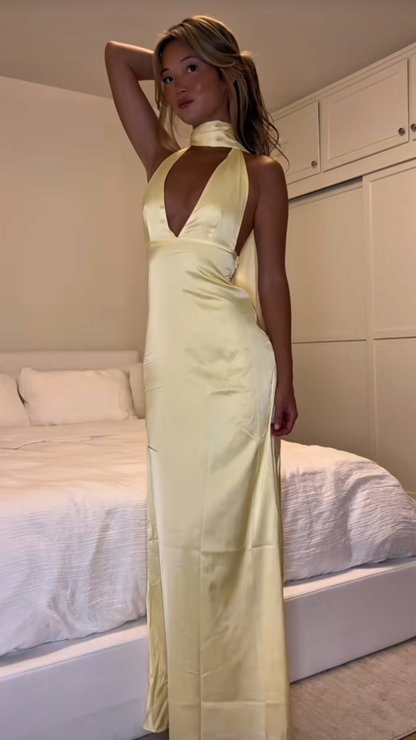 Classy Mermaid V Neck Slim Yellow With Scarf Long Formal Fancy Prom Evening Dresses Dinner Outfits Classy Party Gown AB2054