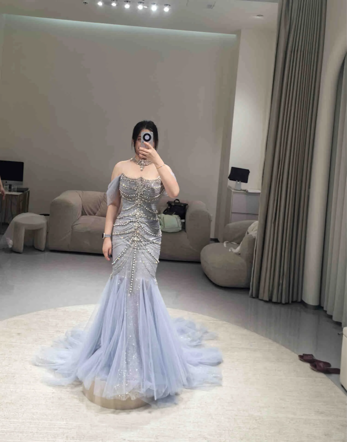 Blue Mermaid Off The Shoulder With Silver Beadings Long Prom Dress Party Gowns AB1683