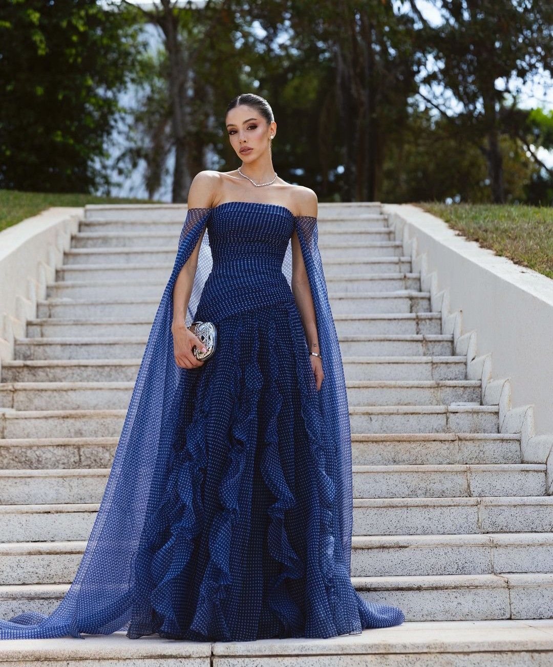 Women's Strapless Mermaid Off The Shoulder Polka Dot Long Formal Gown Navy Blue Wedding Guest Gowns Prom Dresses N2346