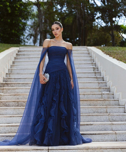 Women's Strapless Mermaid Off The Shoulder Polka Dot Long Formal Gown Navy Blue Wedding Guest Gowns Prom Dresses N2346