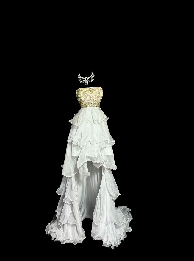 Charming Prom Dresses High Low White Strapless With Ruffled Beading Long Evening Outfits N3425