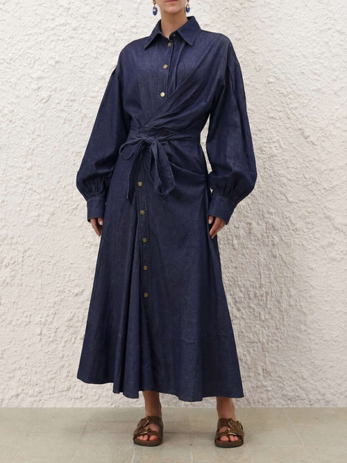 Luzie Waist Tie Denim Maxi Dress - navy