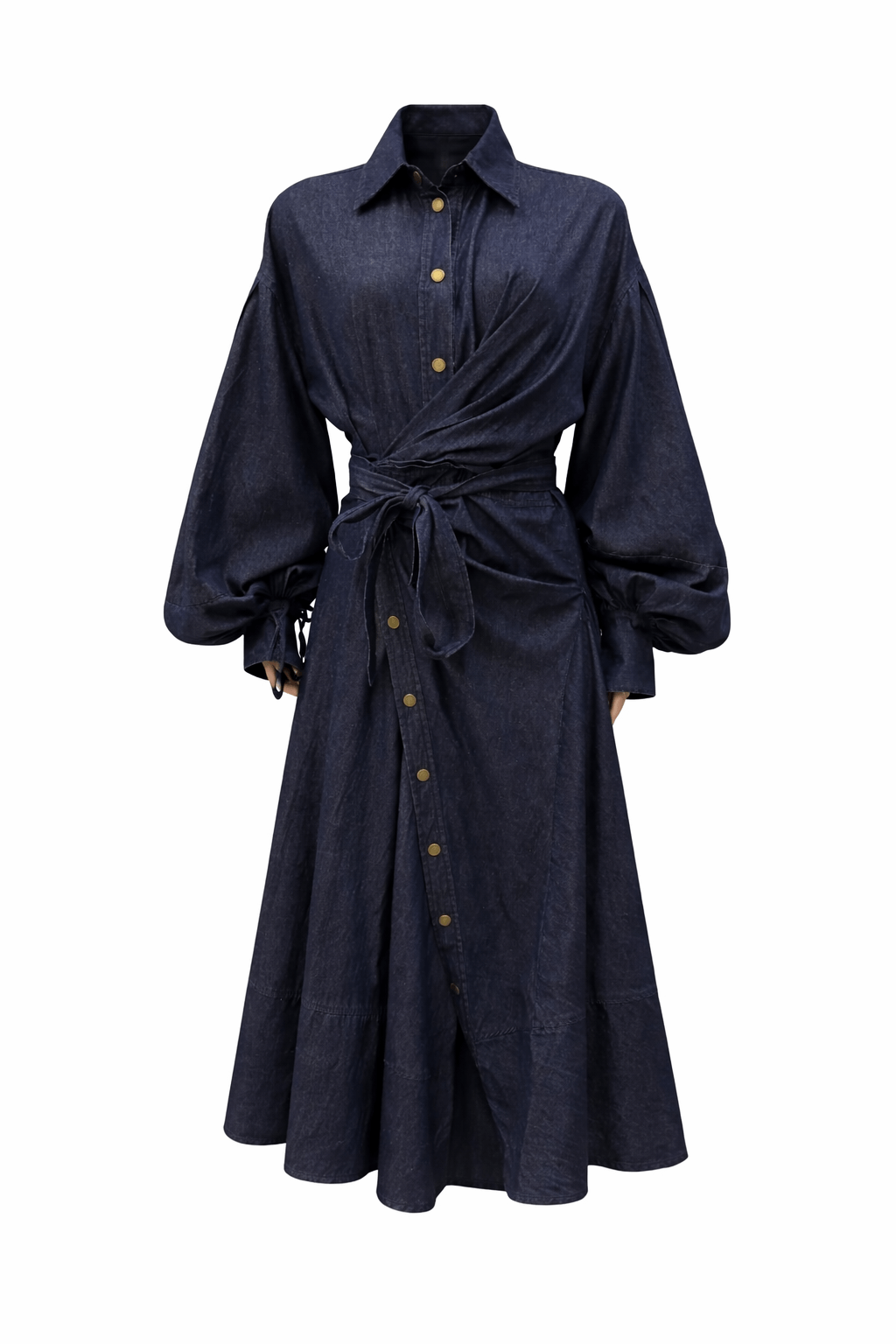 Luzie Waist Tie Denim Maxi Dress - navy