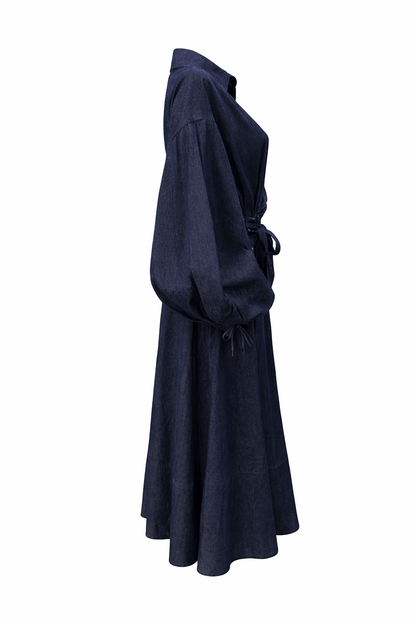 Luzie Waist Tie Denim Maxi Dress - navy