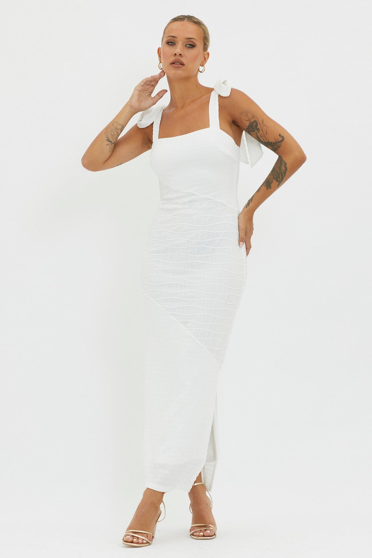 Bindi Puckered Tied Strap Dress White