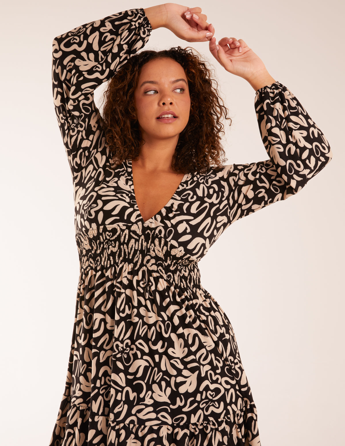 Shirring Elastic Sleeve Tier Mini Dress