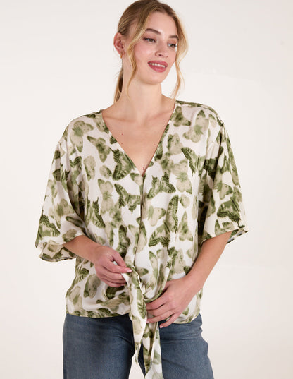 Tie Front Watercolour Butterfly Printed Top