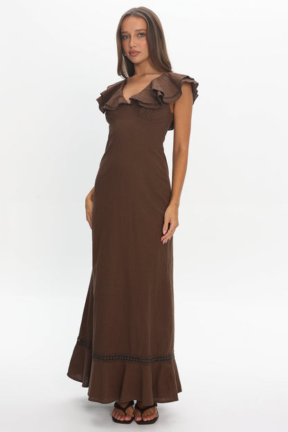 Anohana Ruffle Maxi Dress Chocolate