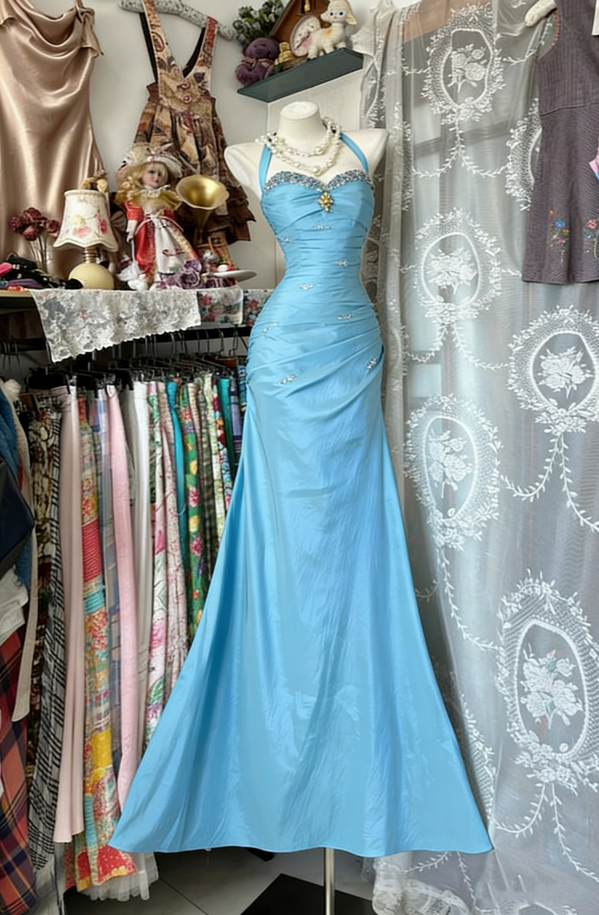 Vintage Halter Sheath Long Prom Dresses Beaded Satin Blue Evening Dresses Sleeveless Birthday Dress N1781