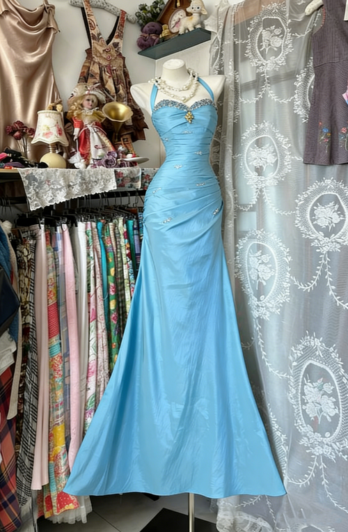 Vintage Halter Sheath Long Prom Dresses Beaded Satin Blue Evening Dresses Sleeveless Birthday Dress N1781