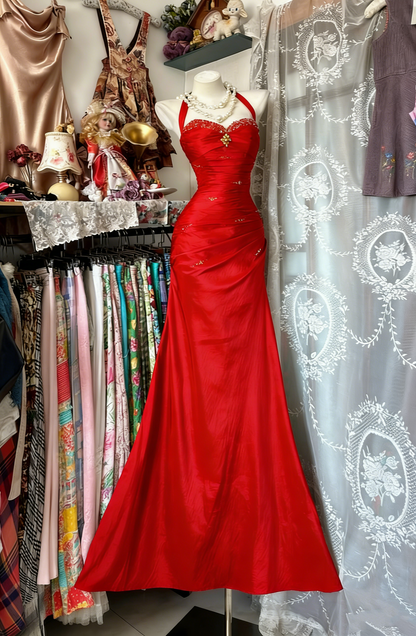 Vintage Halter Sheath Long Prom Dresses Beaded Satin Blue Evening Dresses Sleeveless Birthday Dress N1781