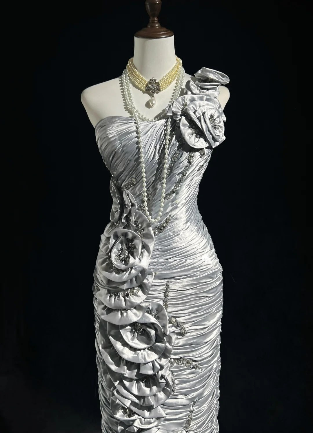 Timeless Prom Dresses Mermaid One Shoulder Silver Satin With Flowers Beading Long Evening Outfits N3200