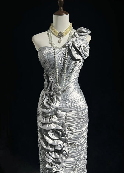 Timeless Prom Dresses Mermaid One Shoulder Silver Satin With Flowers Beading Long Evening Outfits N3200