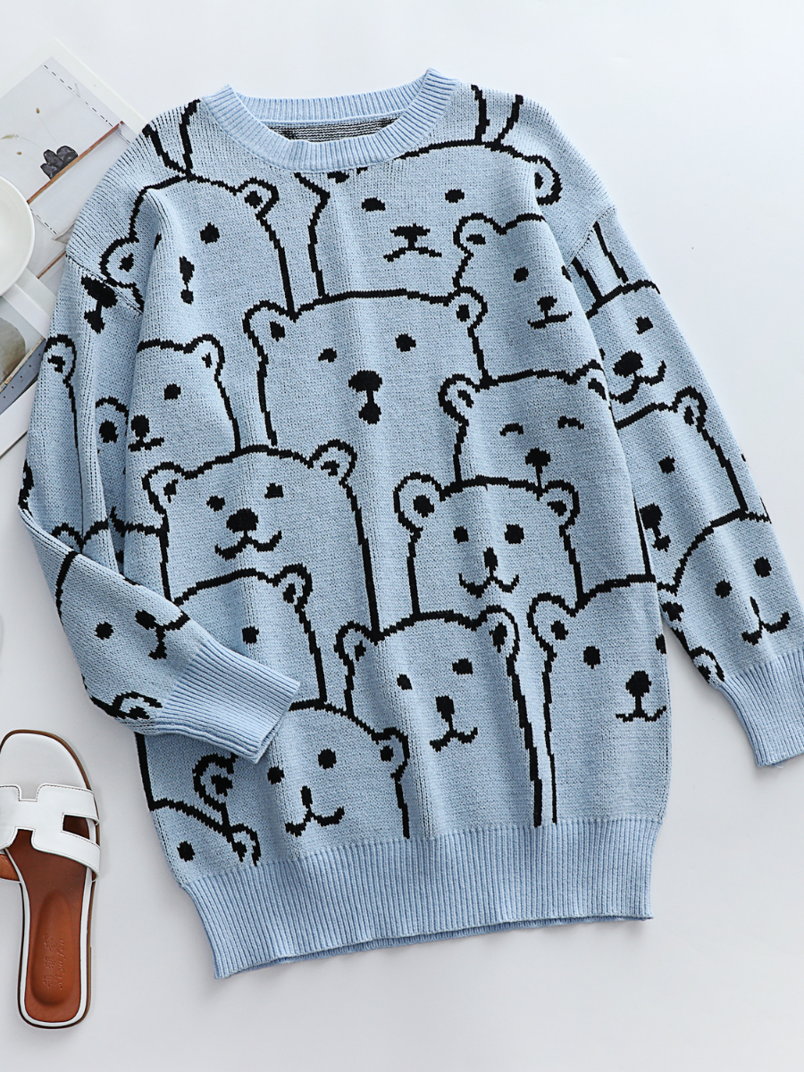 Smiley Polar Bear Knit Sweater Dress - Blue