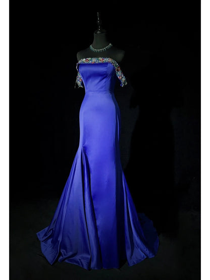 Vintage Prom Dresses Inspo Mermaid Off The Shoulder Royal Blue Satin With Beading For Women Formal Dress N3212