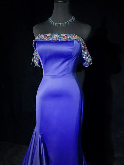 Vintage Prom Dresses Inspo Mermaid Off The Shoulder Royal Blue Satin With Beading For Women Formal Dress N3212