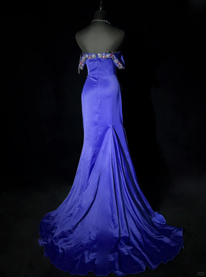 Vintage Prom Dresses Inspo Mermaid Off The Shoulder Royal Blue Satin With Beading For Women Formal Dress N3212
