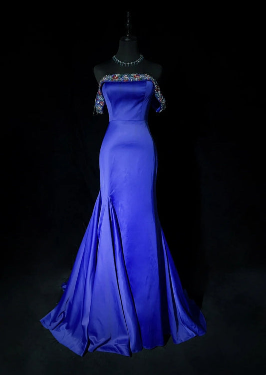 Vintage Prom Dresses Inspo Mermaid Off The Shoulder Royal Blue Satin With Beading For Women Formal Dress N3212