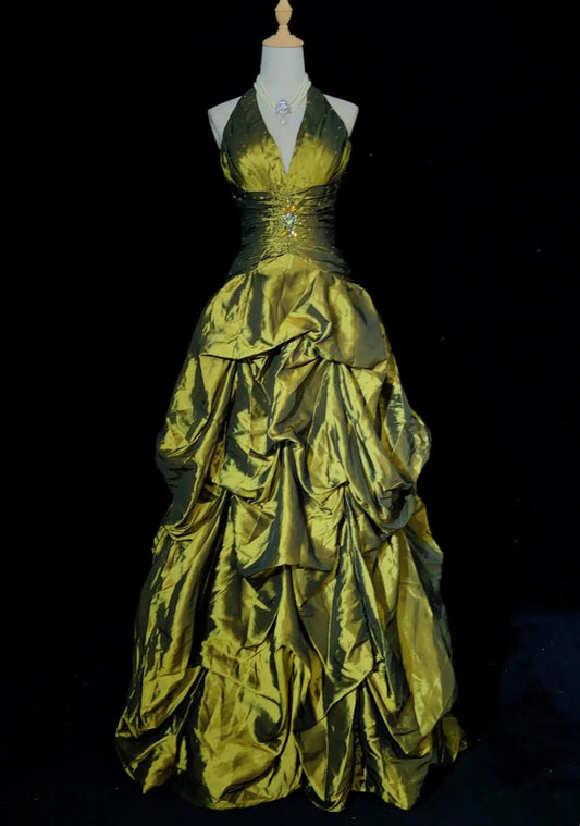 Modest Prom Dresses Ball Gown Olive Green Satin Floor Length Formal Evening Outfits N3485
