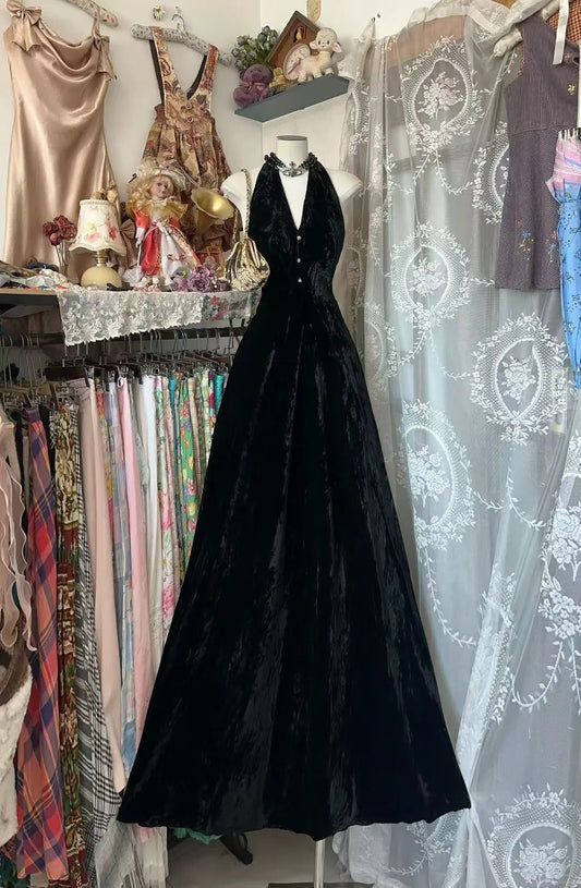 Vintage A line Halter Black Velvet 80s Sleeveless Party Gowns Long Prom Dresses N1939