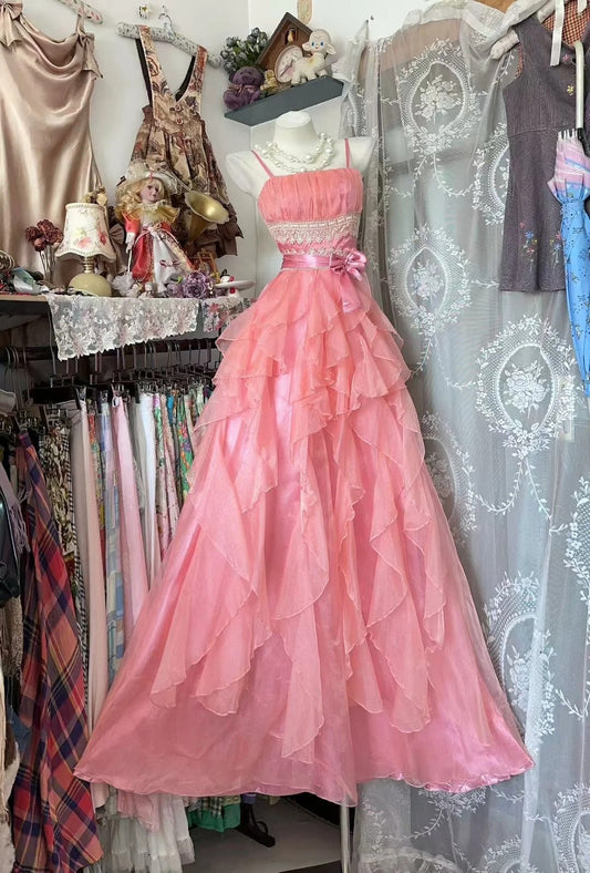 Vintage Ball Gown Spaghetti Straps Pink Chiffon Formal Gown Long Prom Dresses N1945