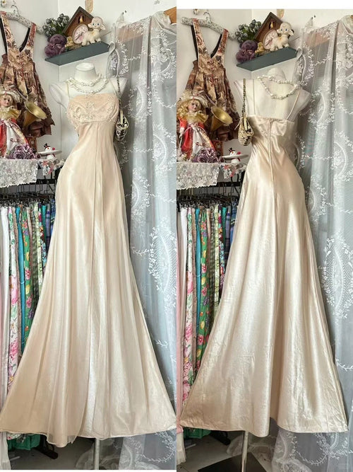 Vintage Mermaid Spaghetti Straps Champagne With Slit Long Prom Dresses N1940