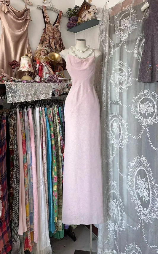 Vintage A Line Spaghetti Strap Pink Formal Gowns Long Prom Dresses N1953