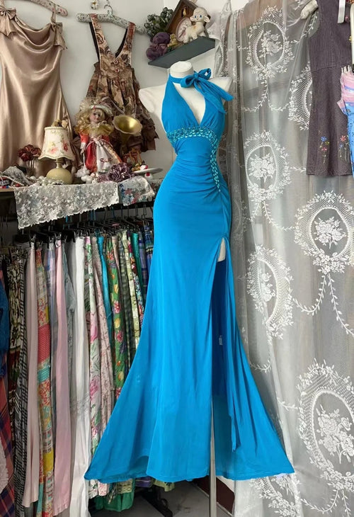 Vintage Mermaid Halter Royal Blue With Slit 80s Sleeveless Long Party Gowns Prom Dresses N1954