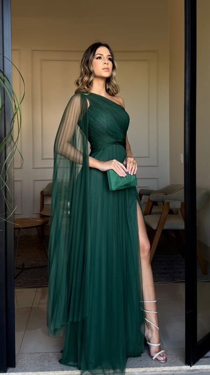 Women's Cocktail Party Gowns A line One Shoulder Dark Green Tulle With Slit Pleated Long Graduation Dinner Outfit Prom Dresses AB1894