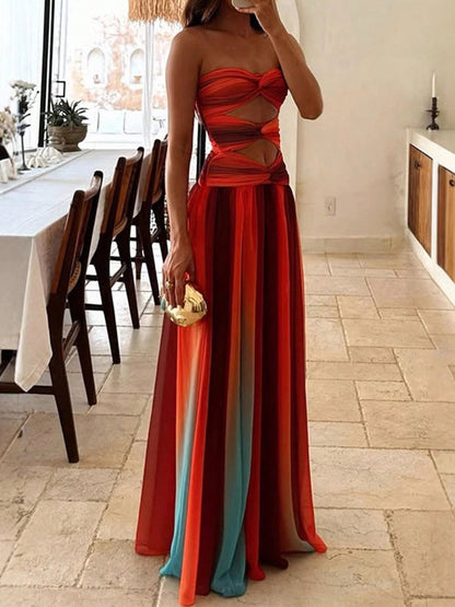 Women Tie Dye Maxi Dress Strapless Gradient Hollow Out Long Dress Summer Prom Dress N2349