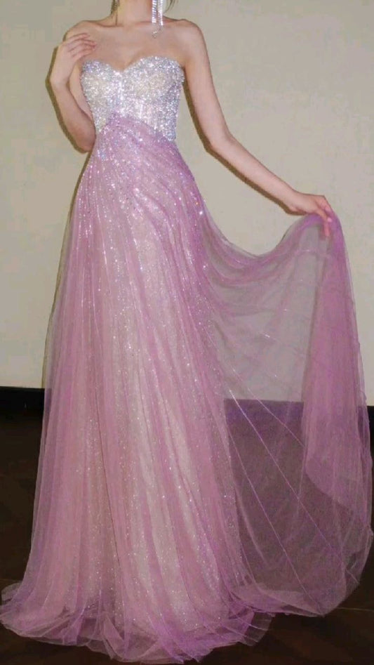 Glamorous A line Sweetheart Tulle Pink With Beading Formal Dress 18th Birthday Prom Dresses N2800