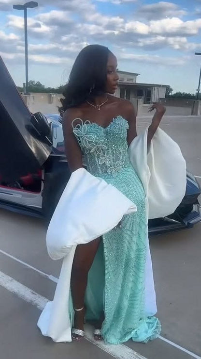 Pretty Mint Strapless Corset Mermaid Beaded Long Prom Dress with Slit N2113