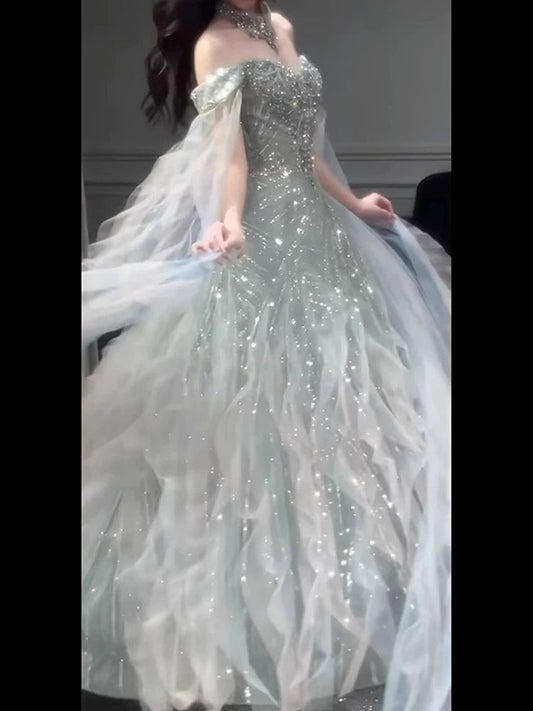 Glittery A line Off The Shoulder With Beads Sleeves Tiered Prom Dresses Inspiration Long Night Outfits 18th Birthday Outfits AB2224