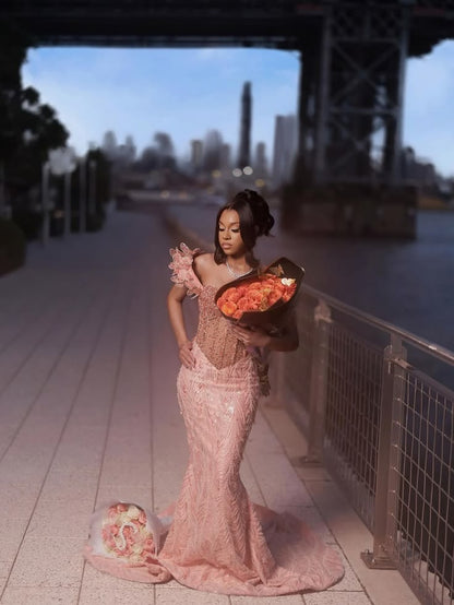 Elegant Dusty Rose Off-The-Shoulder Sweetheart Prom Dresses Mermaid Column Floor Length With Beads N1767
