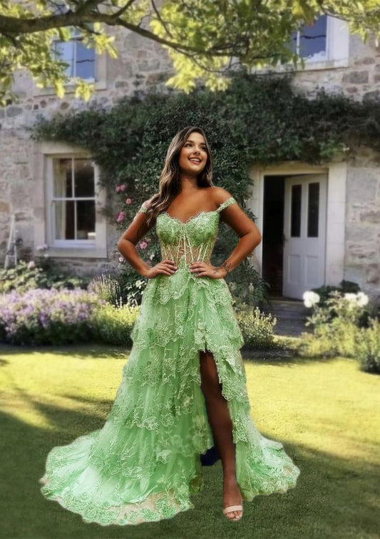 Elegant Sage Lace Ruffles Prom Dress, A-line V-neck With Sheer Bodice Corset N1766