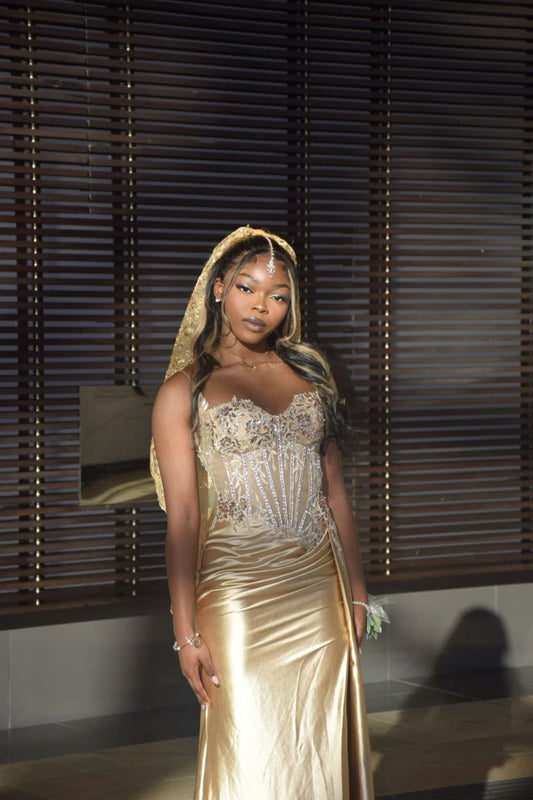 Sexy Split Front Mermaid Sweetheart Gold Ruffles For Black Girls Teens Prom Dress With Lace N1764