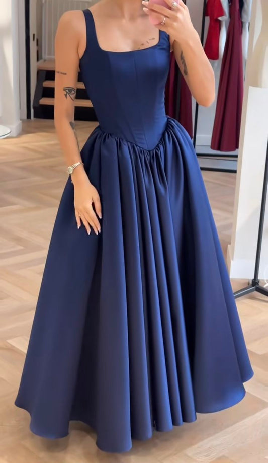 Chic A line Square Neck Navy Blue Satin With Pleated Sleeveless Long Party Women Prom Dresses AB1896