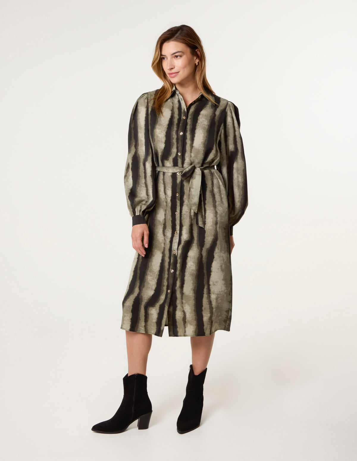 Printed Puff Sleeve Button Through Midi Dress