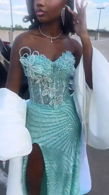 Pretty Mint Strapless Corset Mermaid Beaded Long Prom Dress with Slit N2113