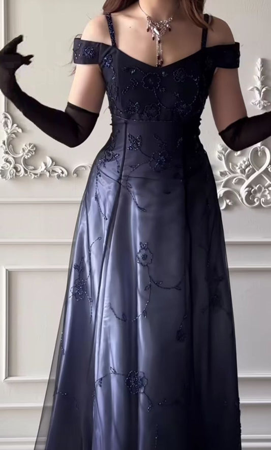 Vintage A Line 90s Straps Ombre Blue Gradient Colors Formal Dress Long Prom Dresses N2812