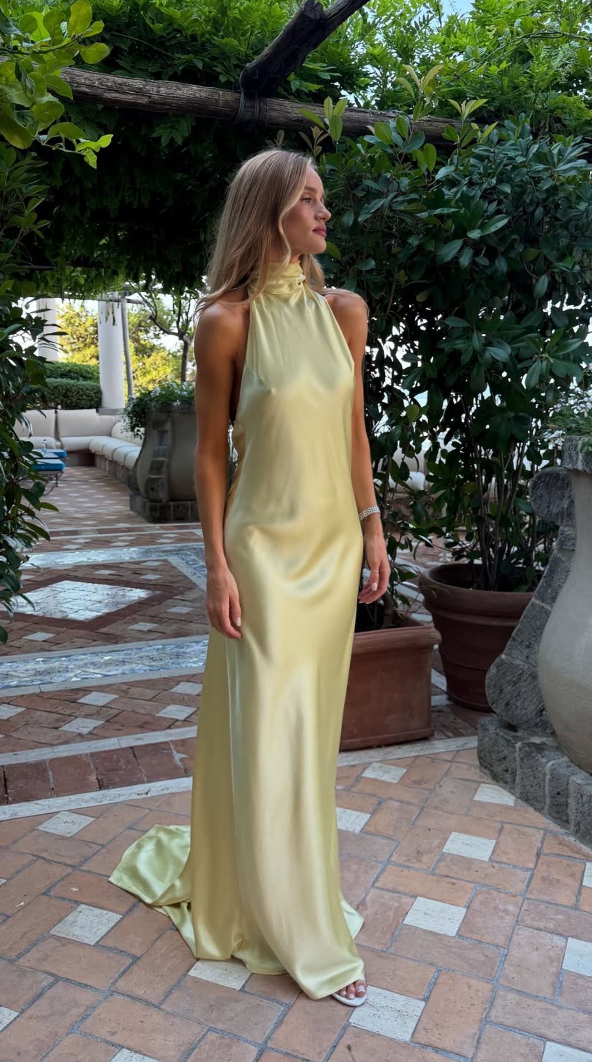 Chic Mermaid High Neck Yellow Satin Sleeveless Formal Dress Long Prom Dresses N2813