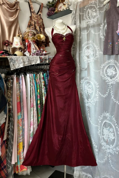 Vintage Halter Sheath Long Prom Dresses Beaded Satin Blue Evening Dresses Sleeveless Birthday Dress N1781