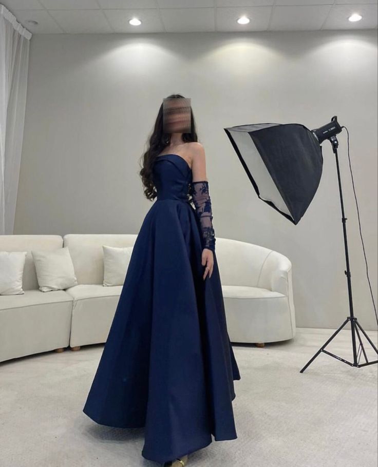 Chic A line Strapless Navy Blue Satin With Pleated Gloves Sleeveless Long Party Women Prom Dresses AB1897