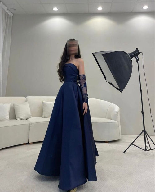 Chic A line Strapless Navy Blue Satin With Pleated Gloves Sleeveless Long Party Women Prom Dresses AB1897